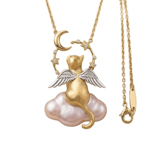 Katzen-Engel-Halskette mit Perlenwolken und Mondsichel in Gold-Silber-Optik