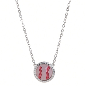 Sporty silver baseball pendant necklace with pink pattern and detailed O-chain design