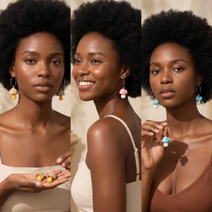 Detailed view of colorful clay mushroom hoop earrings worn by a model in a trio collage
