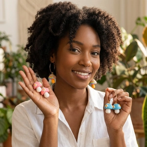 Handmade colorful mushroom hoop earrings in pink and blue floral resin patterns