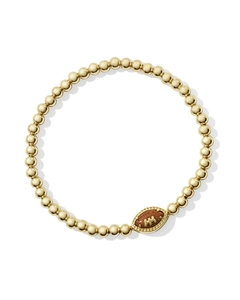 Elastic gold bead bracelet featuring a brown glittery rugby ball pendant detail