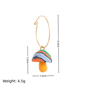 Colorful handmade clay mushroom hoop earrings with vibrant stripes and gold metal finish