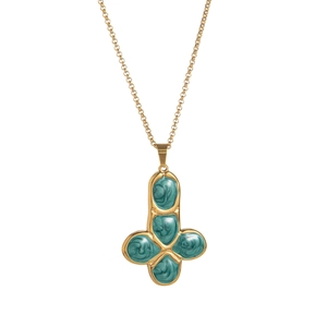 Detail of gold titanium cross pendant with turquoise swirl stones on classic chain