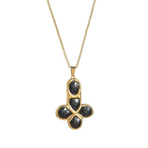 Detailed close-up of golden titanium steel cross necklace with five black stones