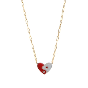 Gouden schakelketting met een rood-witte hartvormige yin-yang emaille hanger