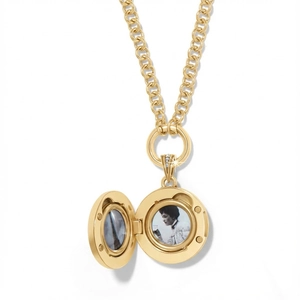 Vintage gouden medaillon ketting met dubbele fotolijstjes en fonkelende details