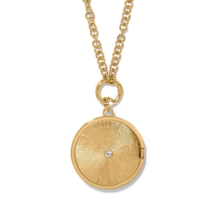 Gouden medaillon ketting met zonnestraal patroon, edelsteen en vintage hart kompas
