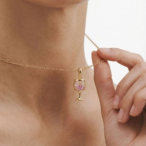 Elegant gold wine glass pendant necklace with pink zircon stones for women's jewelry