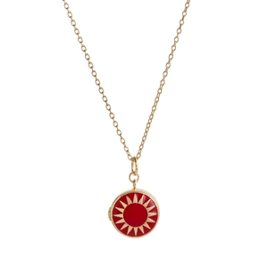 Vintage gold locket necklace with red enamel sunburst pendant on a white background