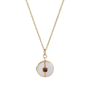 Detailed view of a vintage gold locket necklace with white enamel and purple gemstone