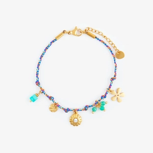 Buntes gewebtes Seilarmband mit goldenen Sonnenblumen und Muschelanhängern 18k Gold