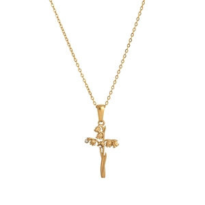 Vue détaillée du pendentif croix muguet en acier plaqué or 18K avec des zircons brillants