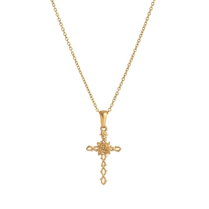 Détail du collier plaqué or 18K avec pendentif croix à rose centrale et texture d'épines
