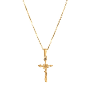 Détail du pendentif fleur vintage doré avec cristaux et chaîne croisée élégante et fine