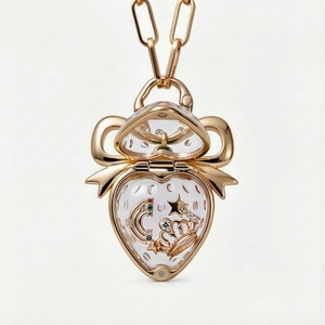 Vue détaillée d'un pendentif fraise en forme de cœur avec cristaux et nœud doré
