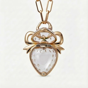 Vue détaillée du pendentif cœur fraise doré avec nœud en cristal et couvercle en verre