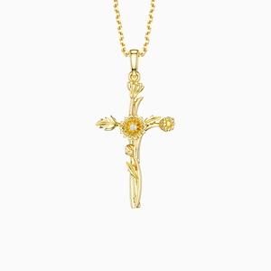 Collier croix à fleurs vintage plaqué or 18K orné d'une pierre de zircone blanche