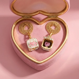 Locket necklace with MOM engraving and pink rose detail on golden rope chain