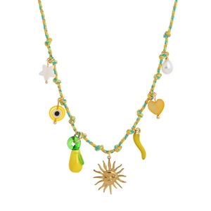Bohemian multi-pendant woven necklace with shell, starfish and sun charms on white base