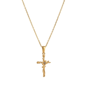 Collier classique en acier doré 18 carats avec pendentif croix florale sur chaîne O