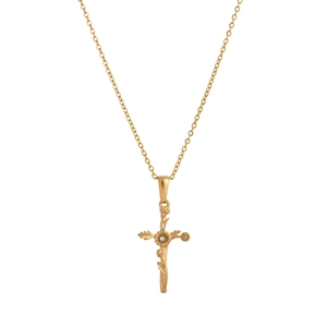 Collier avec pendentif croix florale plaqué or 18 carats et zircon blanc