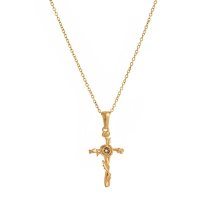 Collier vintage plaqué or 18 carats avec pendentif croix en forme de rose détaillée