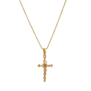 Collier vintage en acier titane plaqué or 18 carats avec croix florale et zircon