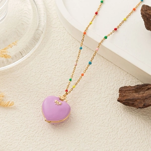 Purple heart locket necklace with gold bow and colorful beads on gold chain for women