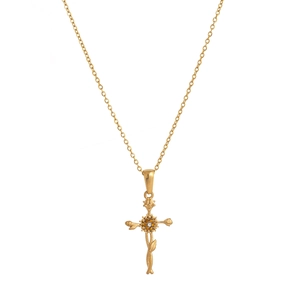 Collier vintage en acier inoxydable plaqué or 18 carats avec pendentif croix tournesol