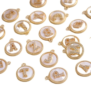 Gold plated alphabet charms with mother of pearl and zircon for DIY jewelry making
