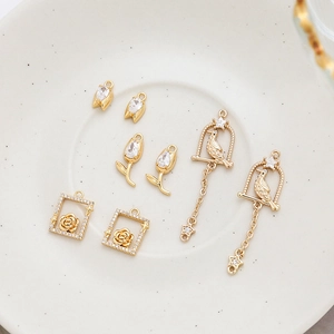 Gold Plated Copper Zirconia Flower Bird Cage Pendants For DIY Jewelry Making Necklace Bracelet Earrings Accessory Rose Tulip Charm