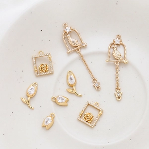 Gold-plated floral zircon pendants including roses and tulips for DIY jewelry crafting