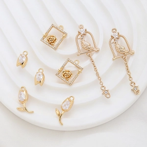 Gold-plated rose pendants with zircon inlays for DIY jewelry making and crafting
