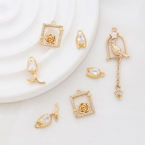 Exquisite gold-plated rose and tulip pendants with cubic zirconia for DIY jewelry making