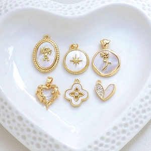 Set of 6 gold plated copper charms with mother of pearl and zircon for jewelry making