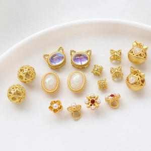 Diy Abalorios de Oro de Arena para Pulseras Cuentas Flor Hueca Gato Corazón Diamantes de Imitación Perla Artificial Colgantes