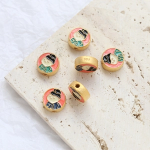 Vintage Chinese Beauty Enamel Beads For DIY Jewelry Making Copper Sand Gold Plated Ancient Portrait Round Spacer Beads