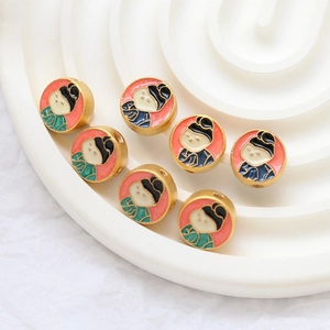Retro Tang Dynasty lady beads in copper-plated gold and enamel for DIY jewelry making