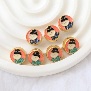 Vintage Tang Dynasty beauty charms in gold plated copper with colorful enamel for DIY jewelry