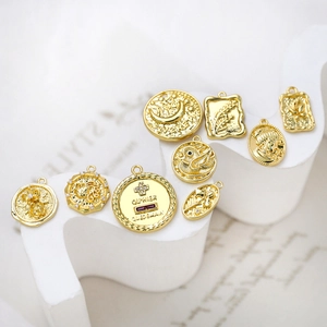 Vintage gold plated charms with zircon and relief patterns for DIY jewelry making