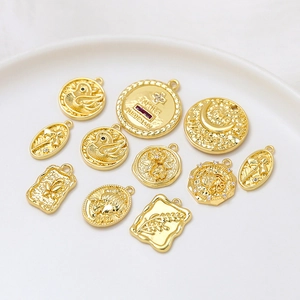 Vintage Copper Gold Plated Zirconia Embossed Pendant DIY Jewelry Making Findings Bird Moon Flower Retro Metal Charm