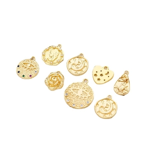 Vintage gold plated copper charms set for DIY jewelry with embossed coins and evil eye