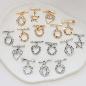 Zircon heart and star OT toggle clasps for jewelry making in gold and silver plating