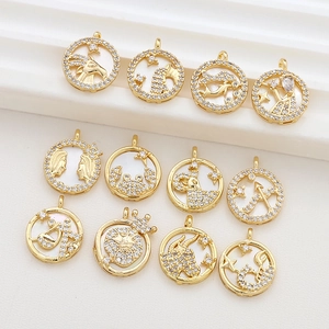 Gold-plated 12 zodiac mother of pearl pendants with zircon micro-paving for DIY jewelry