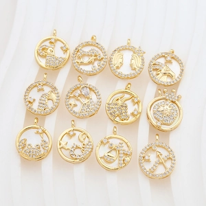 Gold Plated Copper Zodiac Constellation Pendant With Mother Of Artificial Pearl Nacre White Zirconia Round Charm For DIY Jewelry Making