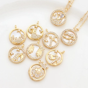 Gold plated zodiac pendants with mother of pearl and cubic zirconia for DIY jewelry
