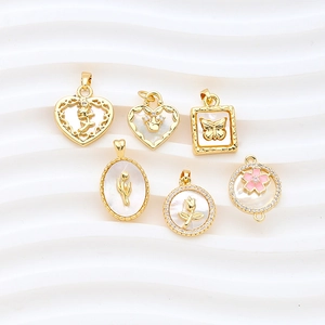 Gold Plated Copper Mother Of Artificial Pearl Pendants With Zirconia Rhinestones Heart Butterfly Floral Charms For DIY Jewelry Making