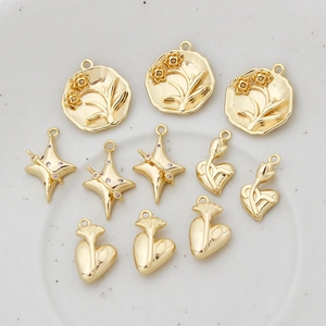 Gold-plated brass heart and floral pendants for DIY necklace and earring jewelry making