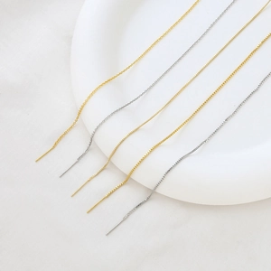 Minimalist long 14k gold and silver threader box chain earrings with adjustable pin