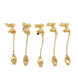 Five gold plated rabbit beads for jewelry making with fine chain and cylindrical pendant base